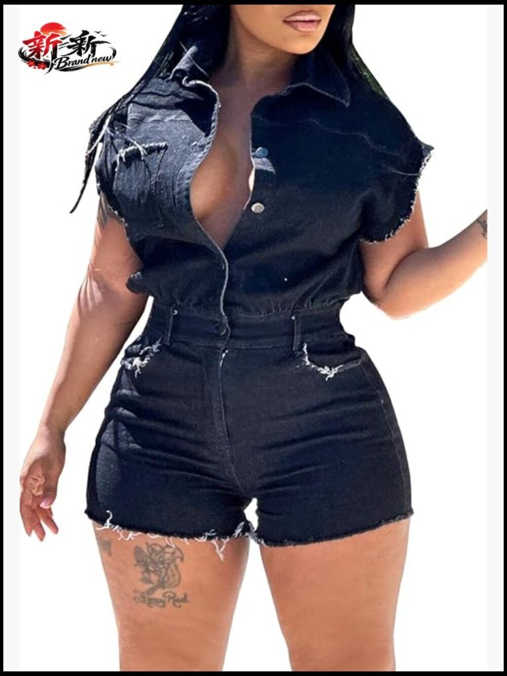Vintage Distressed Denim Jumpsuit Romper Short Sleeve Button Down Cargo